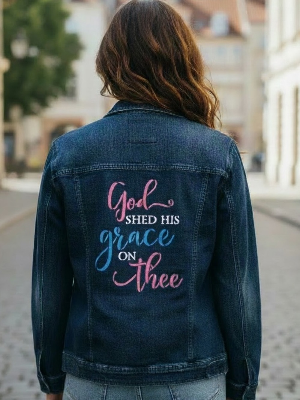 Upcycled krazy kat Denim Jacket with Hand Painted Red, White & Blue Script